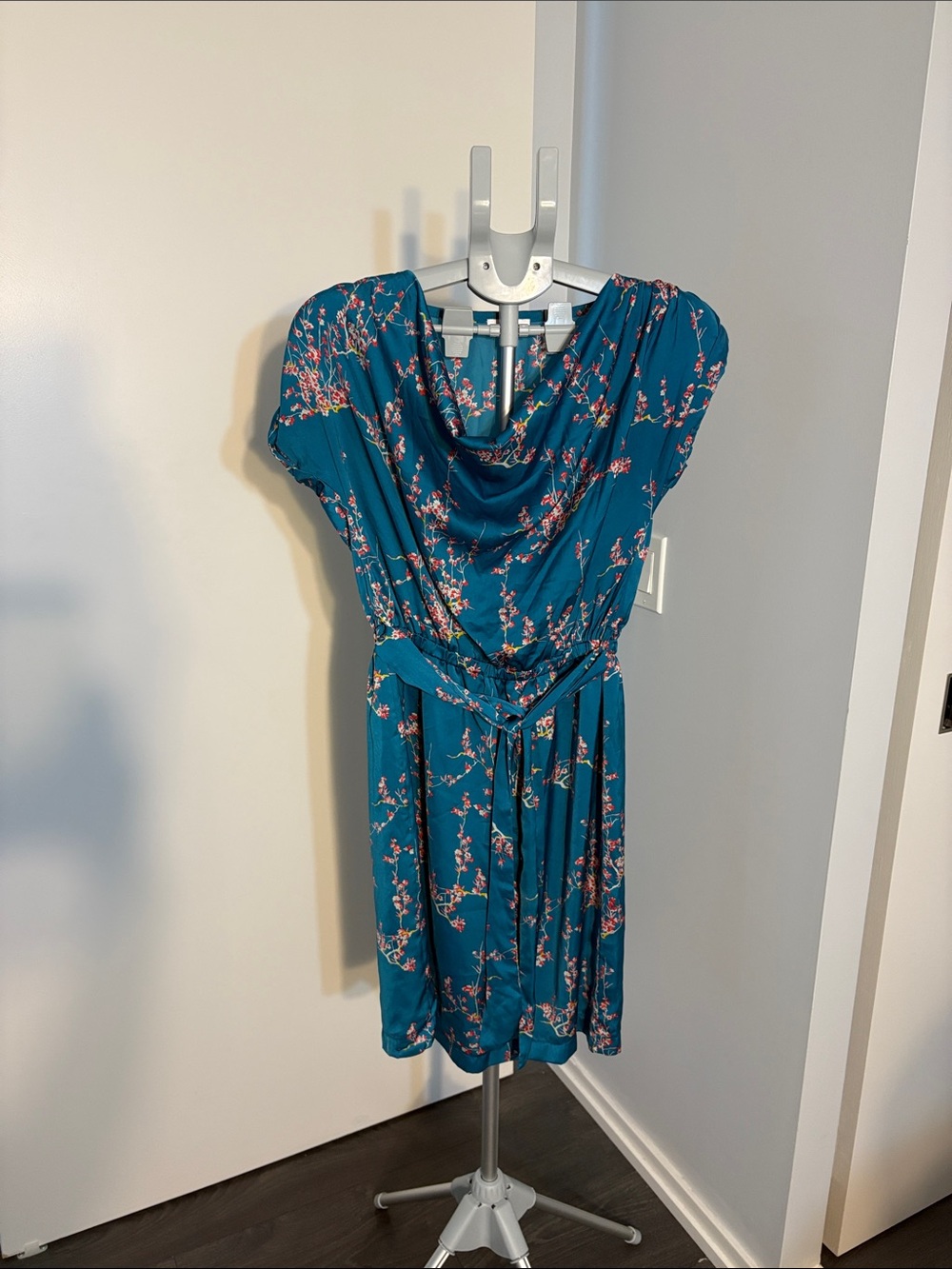 Teal Floral Cowl-Neck Midi Dress with Self-Tie Belt